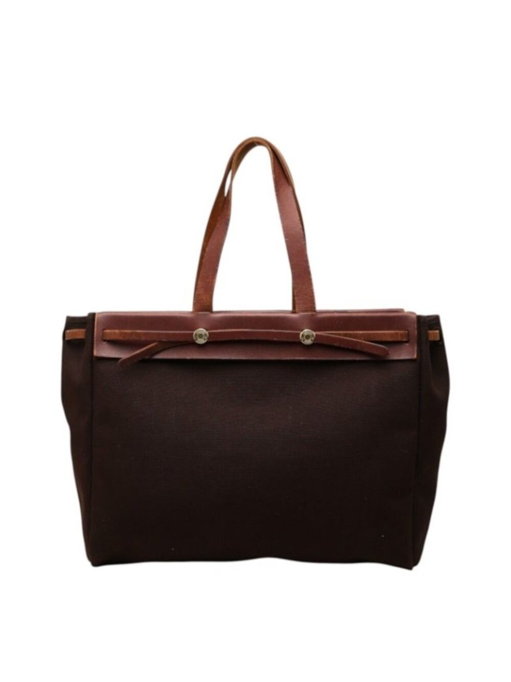 Hermes Herbag Cabas MM Tote Bag Brown Toile H Leather